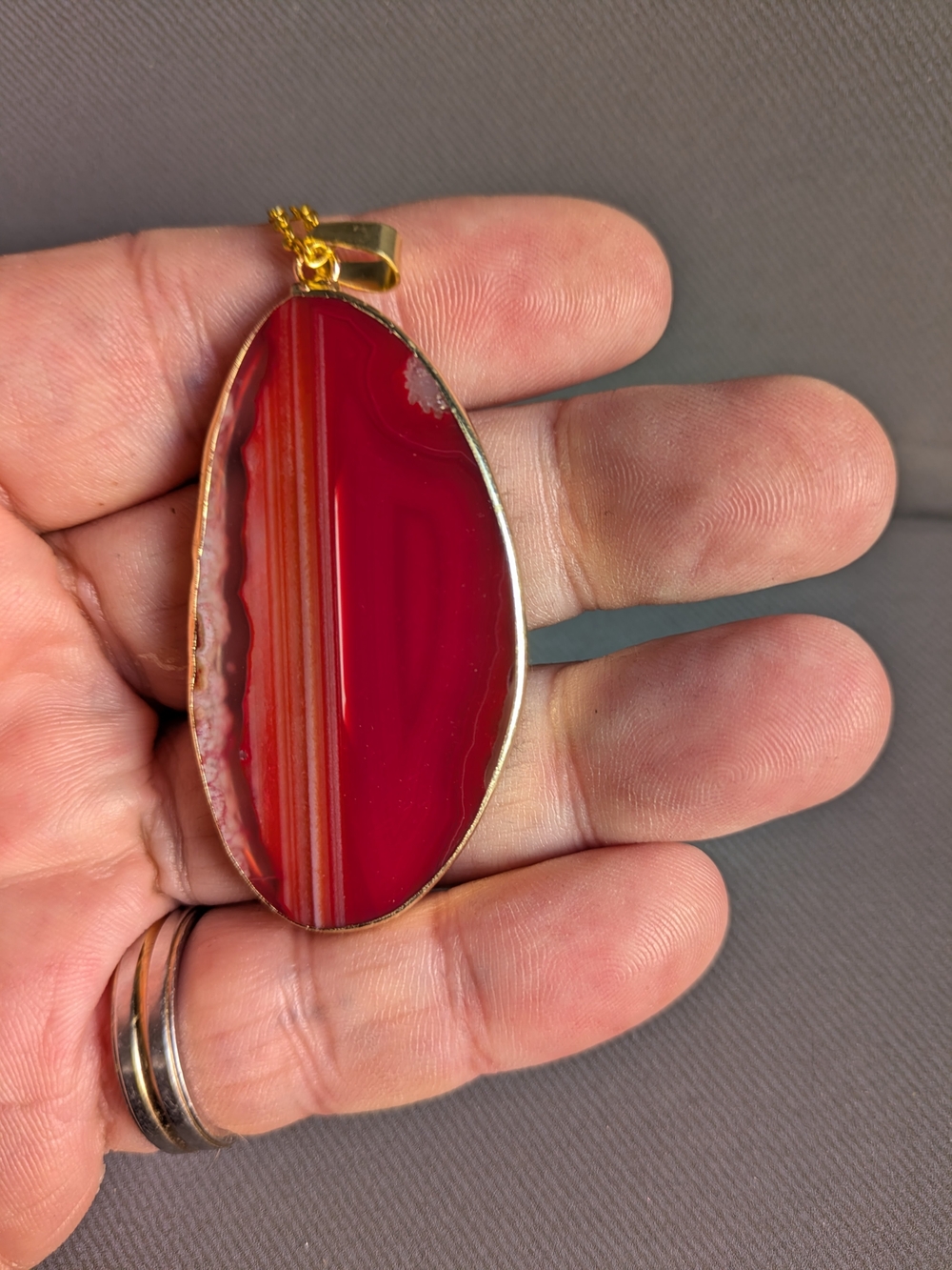 Gold-Trim Red Agate Oval Pendant Necklace